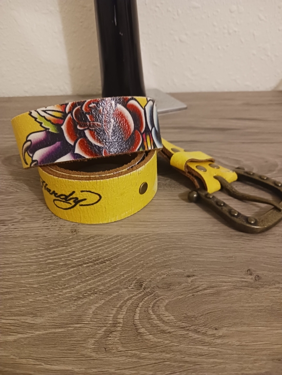 Ed Hardy Accessories - Ed Hardy YellowLeather Belt with Multicolor Rose /Panther Design